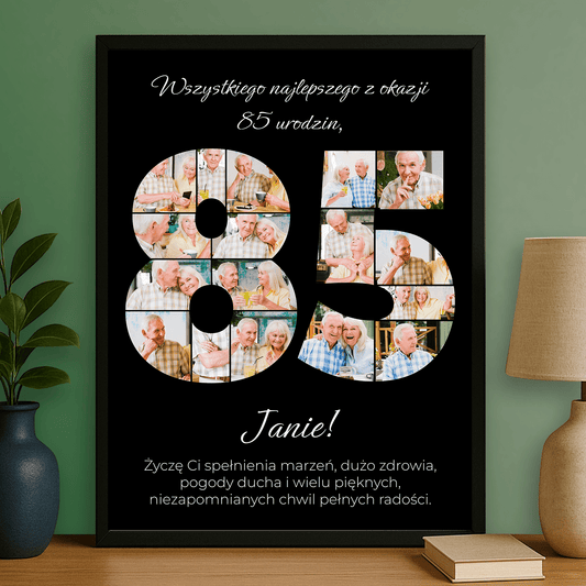 Elegancki plakat personalizowany na 85. urodziny – czarne tło - Emmygift.pl