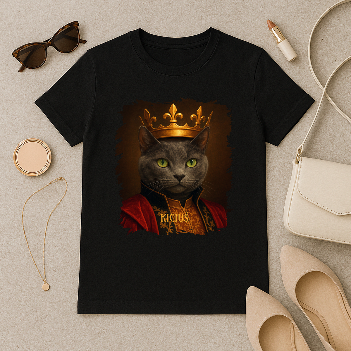 Kot w roli króla - koszulka damska z nadrukiem dla miłośnika kotów