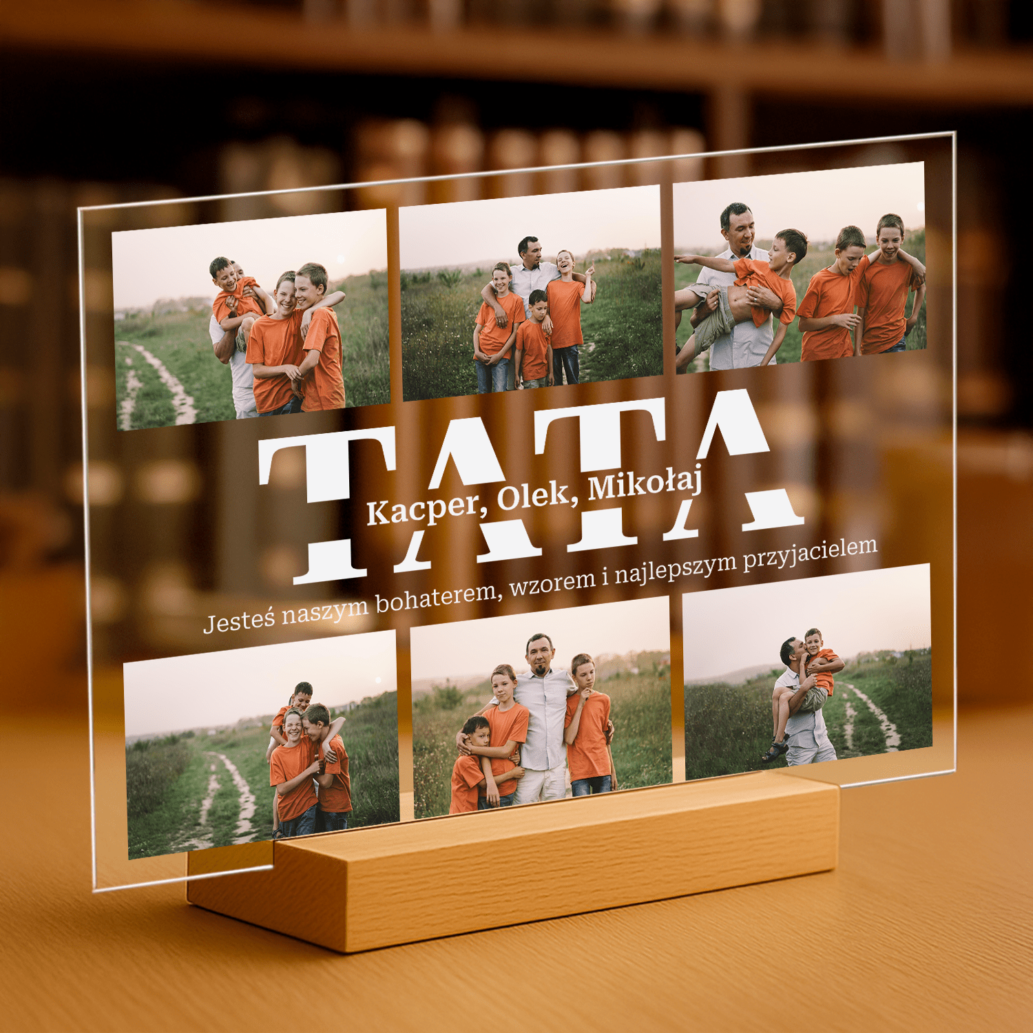 Napis Tata z kolażem zdjęć - personalizowany druk na szkle - Emmygift.pl