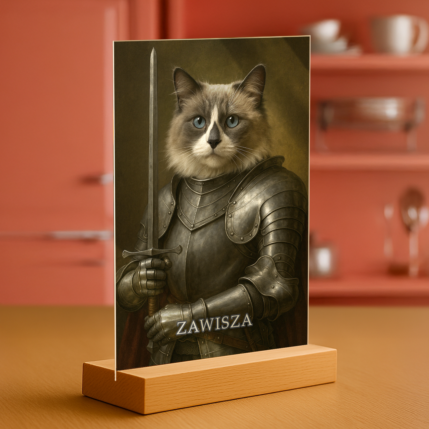 Kot jako dzielny rycerz - portret na szkle akrylowym dla miłośnika kotów