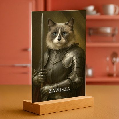 Kot jako dzielny rycerz - portret na szkle akrylowym dla miłośnika kotów