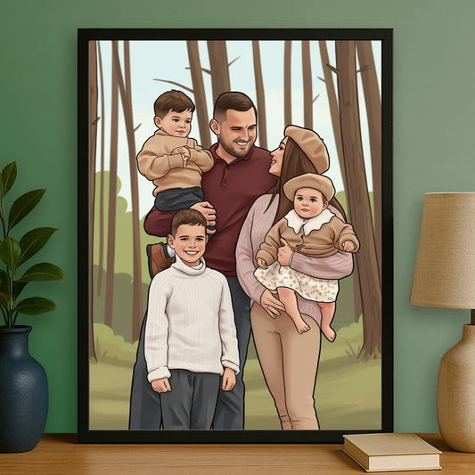 Rodzina w komiksowym stylu - portret na plakacie dla rodziców
