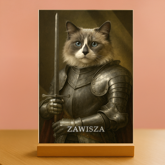 Kot jako dzielny rycerz - portret na szkle akrylowym dla miłośnika kotów