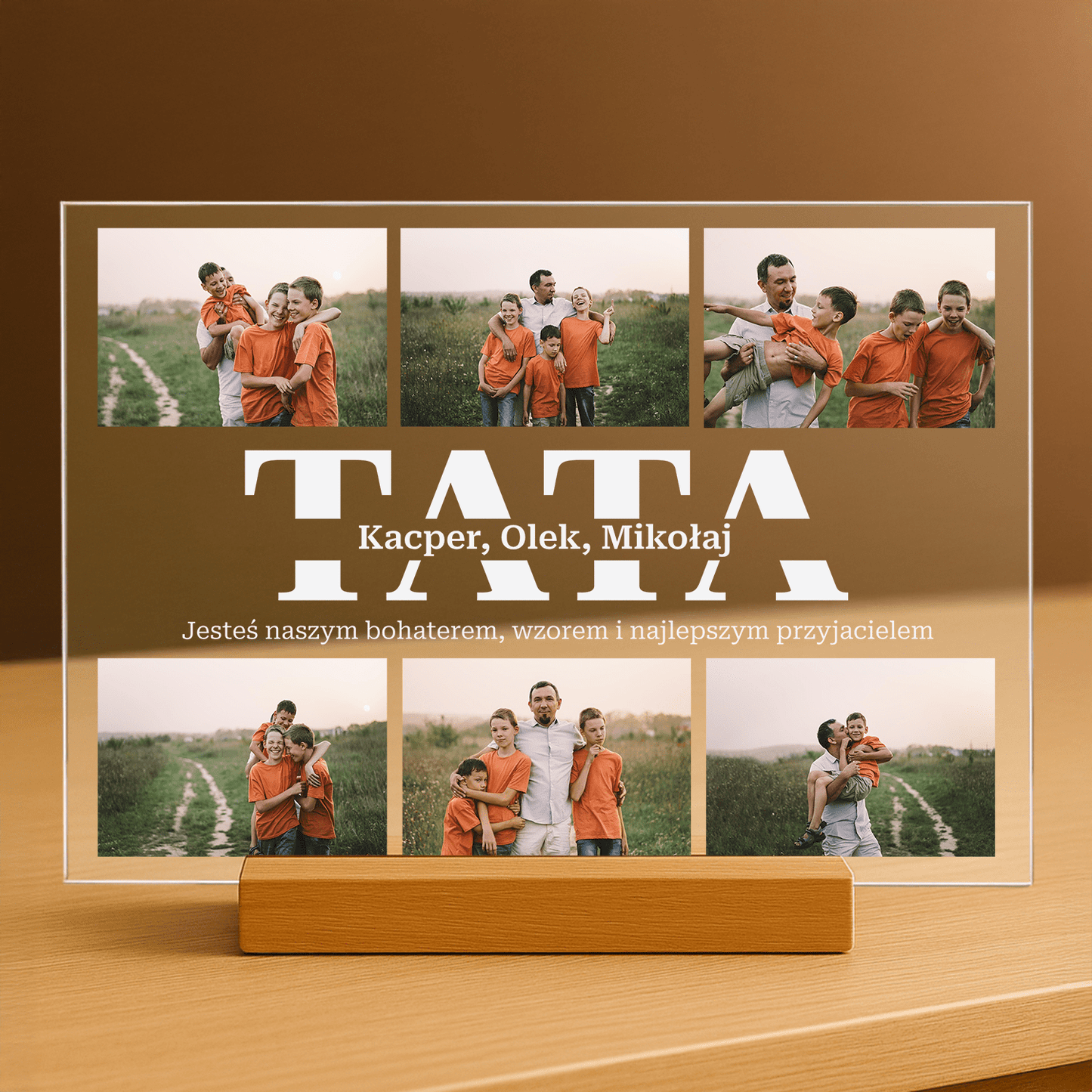 Napis Tata z kolażem zdjęć - personalizowany druk na szkle - Emmygift.pl