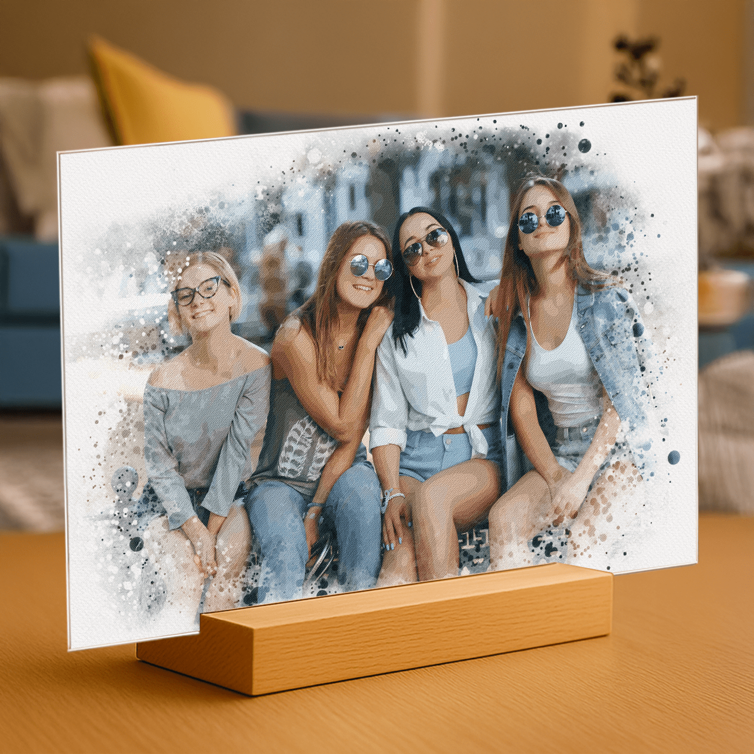 Grupa czterech przyjaciółek w stylu watercolor - portret na szkle akrylowym dla przyjaciółki - Emmygift.pl