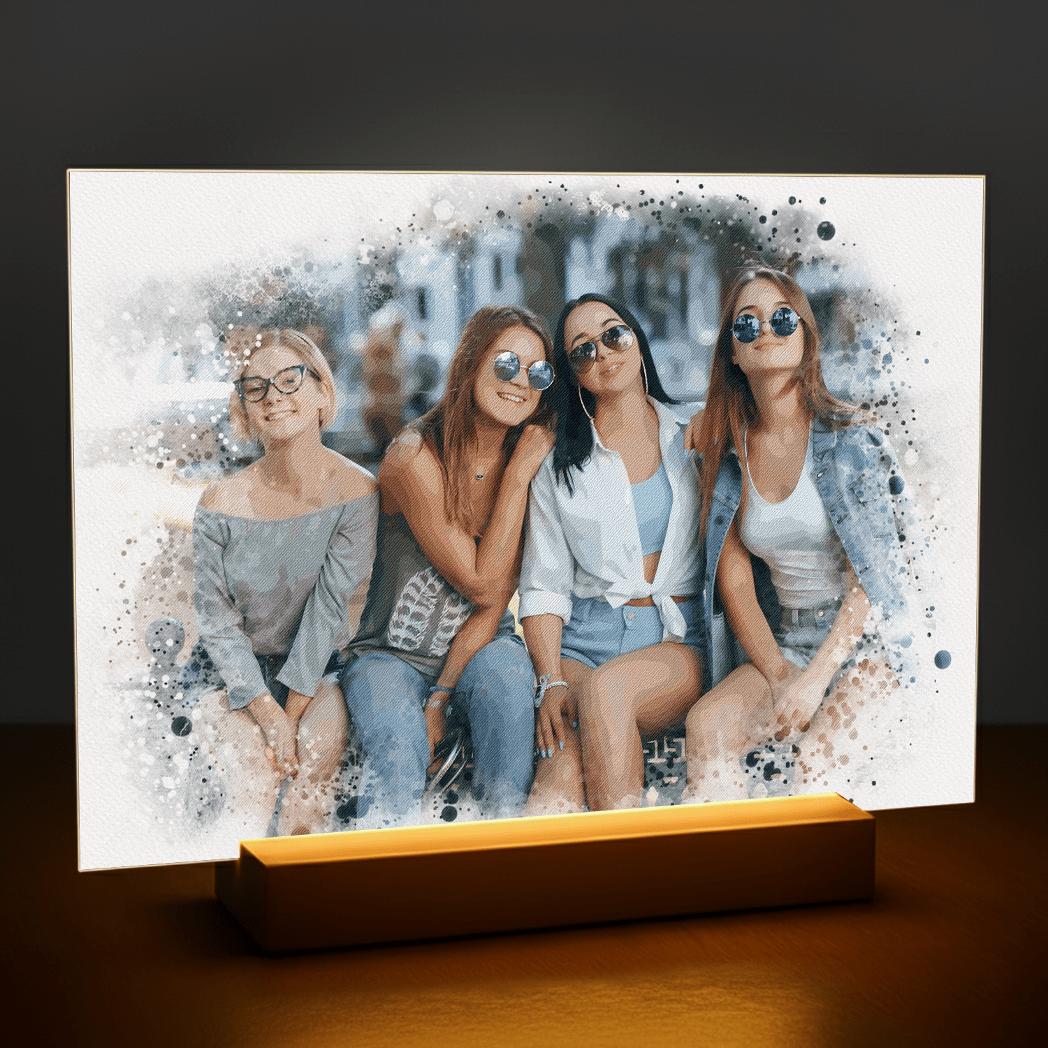 Grupa czterech przyjaciółek w stylu watercolor - portret na szkle akrylowym dla przyjaciółki - Emmygift.pl