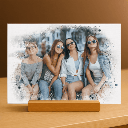Grupa czterech przyjaciółek w stylu watercolor - portret na szkle akrylowym dla przyjaciółki - Emmygift.pl