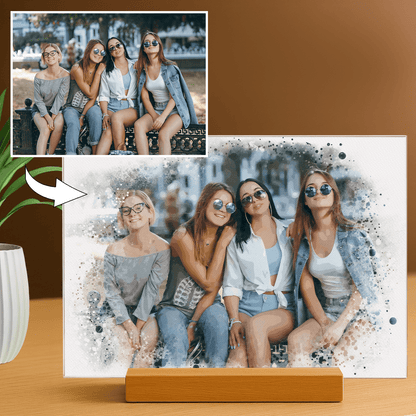 Grupa czterech przyjaciółek w stylu watercolor - portret na szkle akrylowym dla przyjaciółki - Emmygift.pl