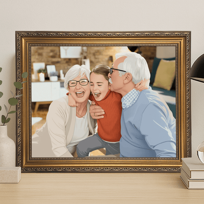 Ilustracja dziadków i wnuków - portret na płótnie dla dziadków - Emmygift.pl