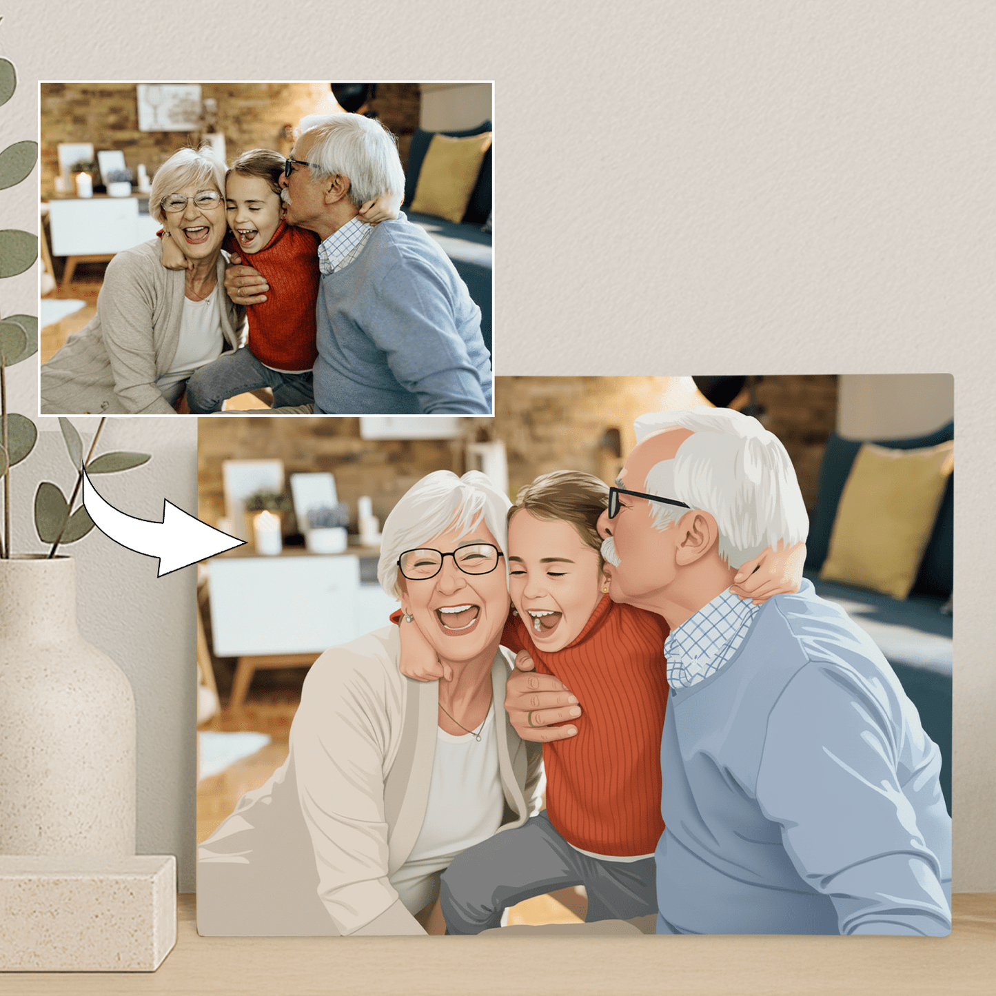 Ilustracja dziadków i wnuków - portret na płótnie dla dziadków - Emmygift.pl