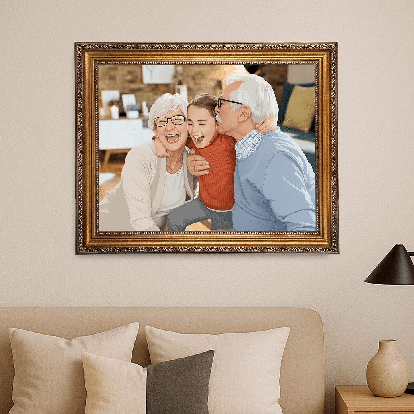 Ilustracja dziadków i wnuków - portret na płótnie dla dziadków - Emmygift.pl