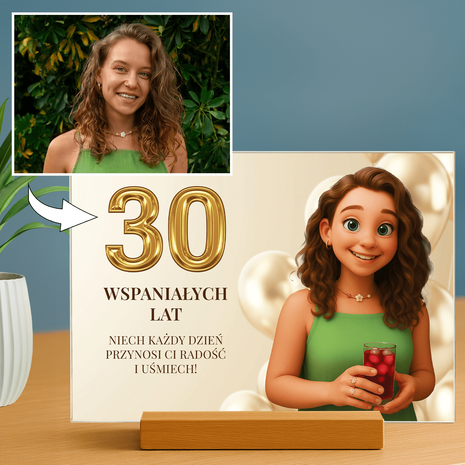 Ilustracja z życzenimi na 30. - personalizowany druk na szkle dla niej - Emmygift.pl