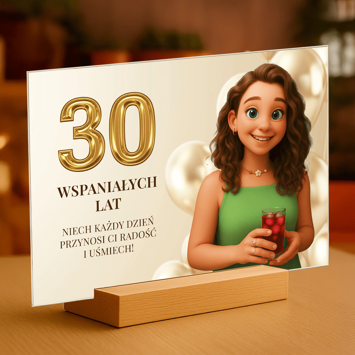 Ilustracja z życzenimi na 30. - personalizowany druk na szkle dla niej - Emmygift.pl
