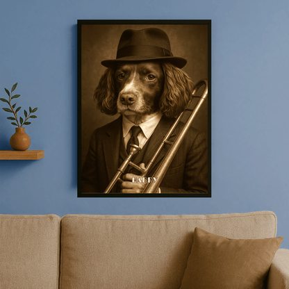 Jazzowy pies - portret na plakacie dla miłośników psów - Emmygift.pl