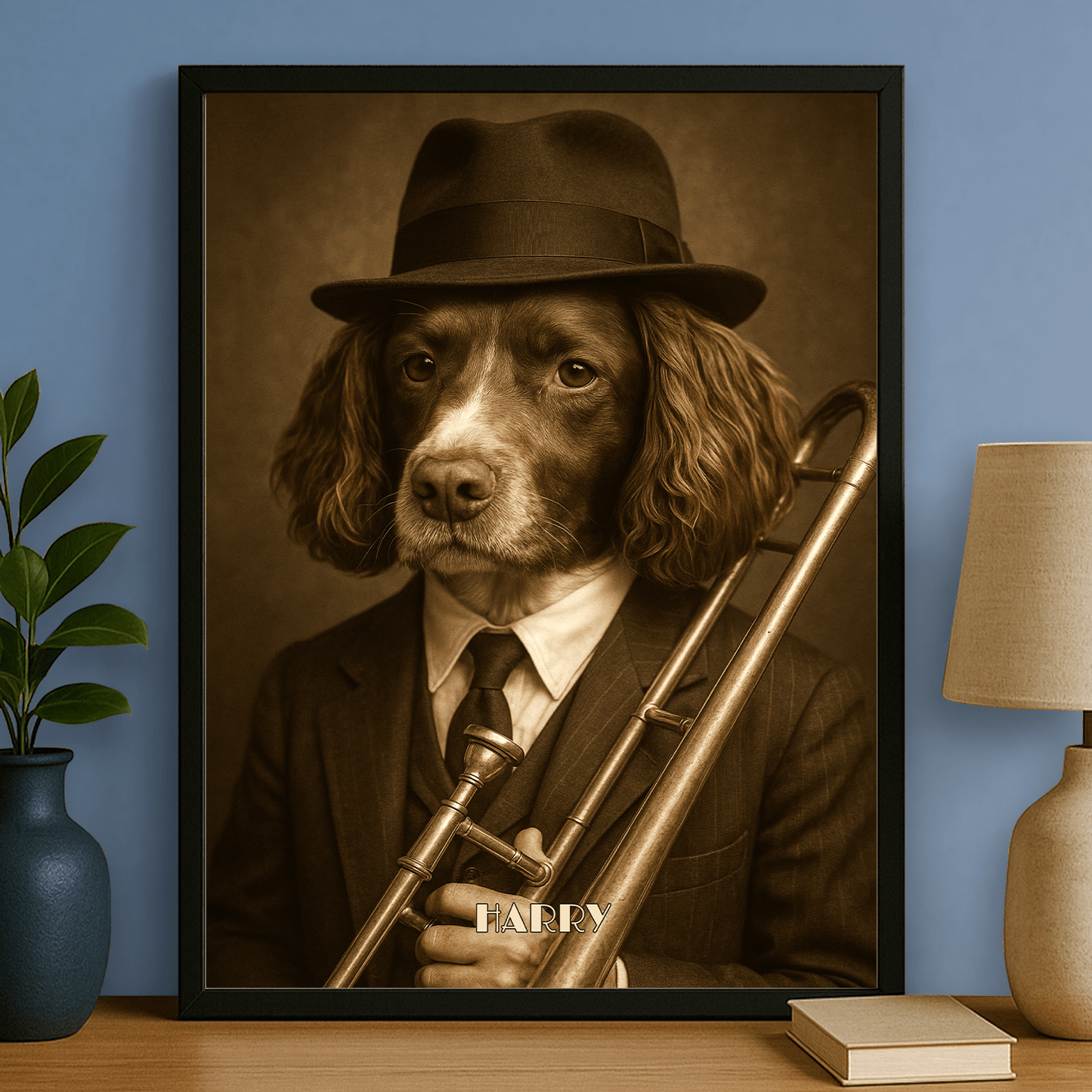 Jazzowy pies - portret na plakacie dla miłośników psów - Emmygift.pl