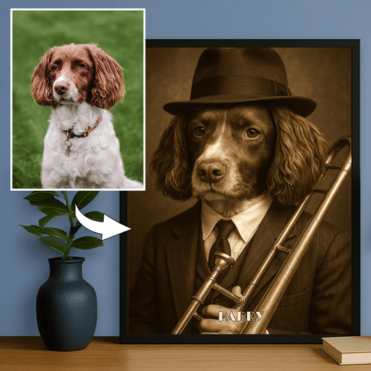 Jazzowy pies - portret na plakacie dla miłośników psów - Emmygift.pl
