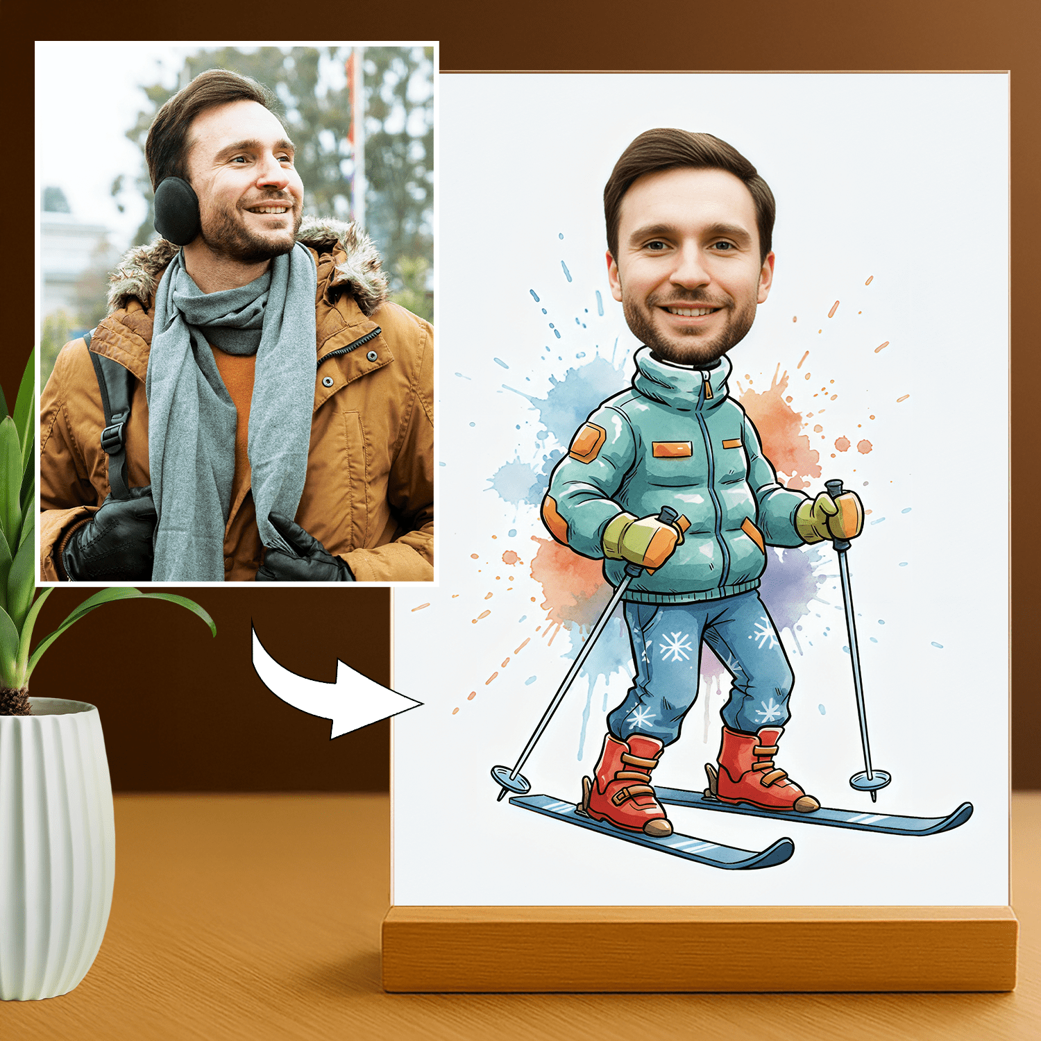 Jego zimowa karykatura - portret na szkle akrylowym dla mężczyzny - Emmygift.pl