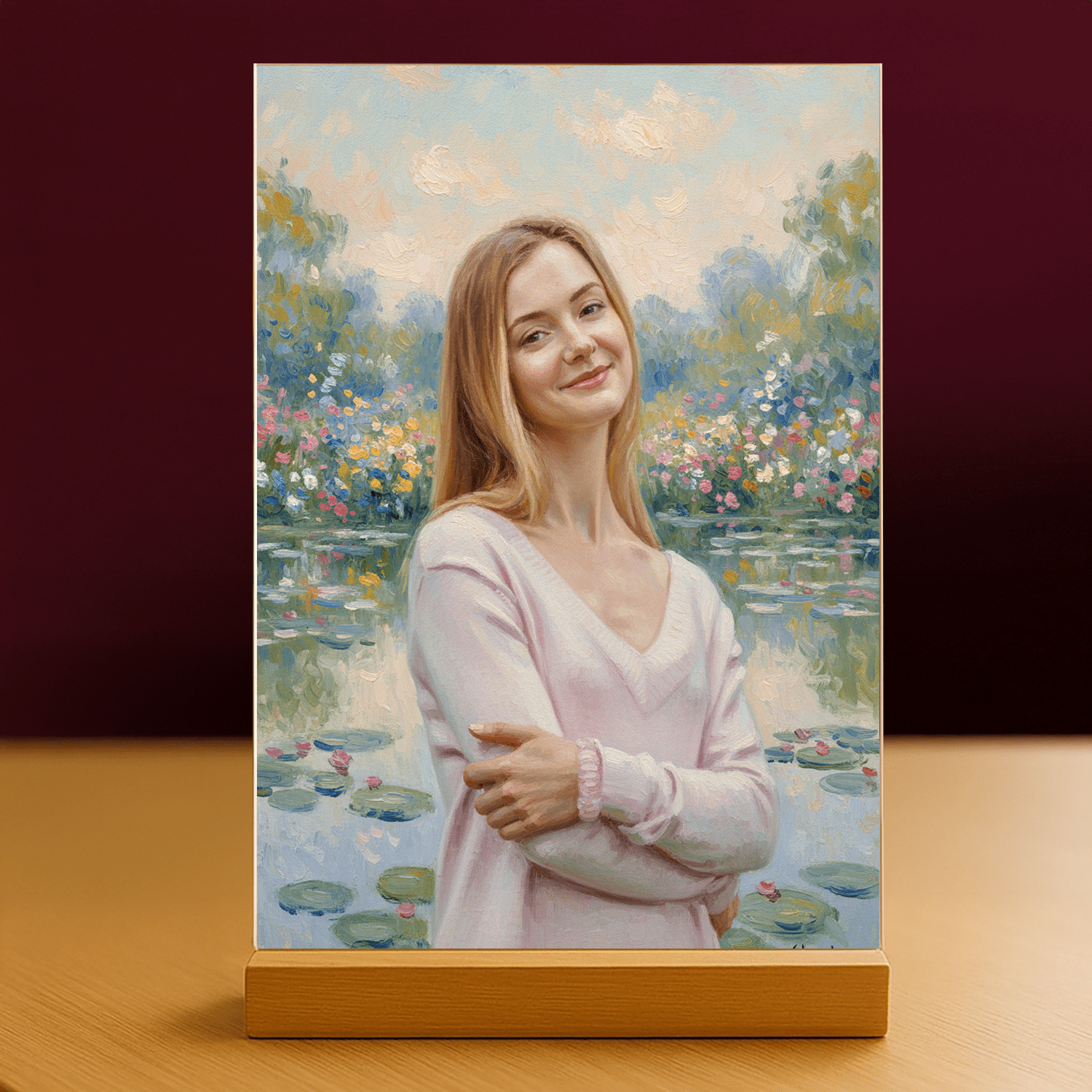 Kobieta nad stawem w stylu Monet - portret na szkle akrylowym dla niej - Emmygift.pl