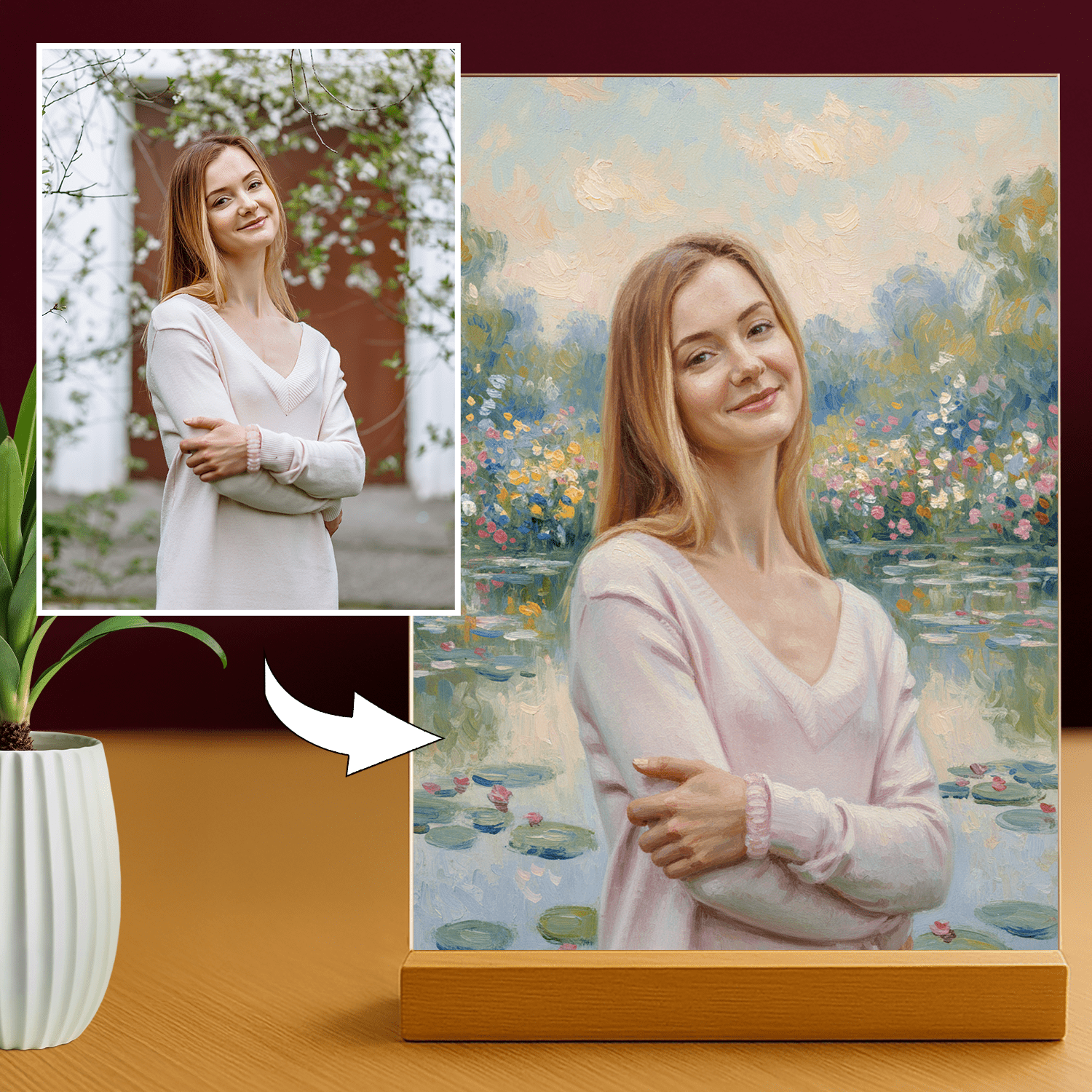 Kobieta nad stawem w stylu Monet - portret na szkle akrylowym dla niej - Emmygift.pl