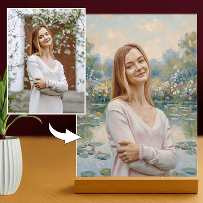 Kobieta nad stawem w stylu Monet - portret na szkle akrylowym dla niej - Emmygift.pl