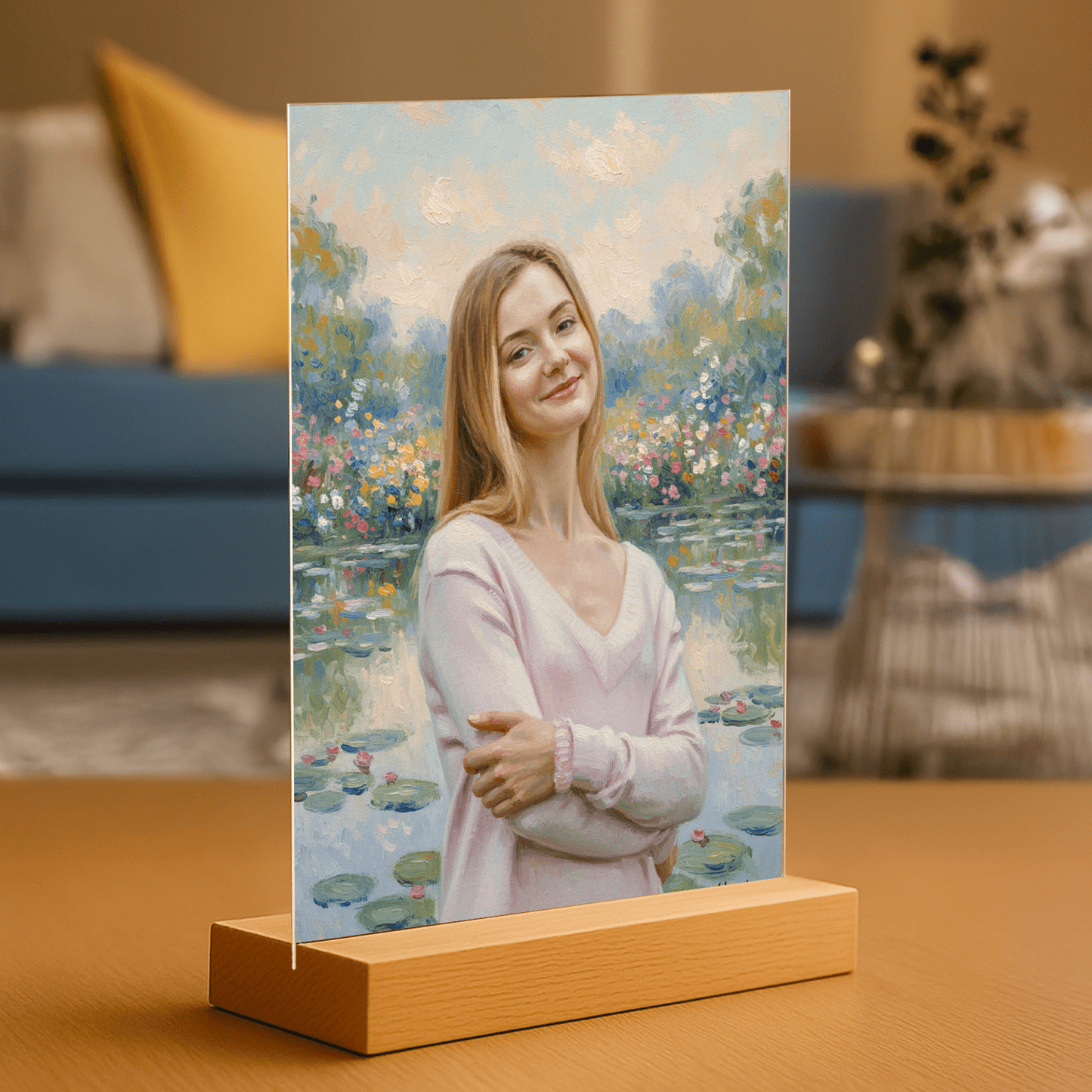 Kobieta nad stawem w stylu Monet - portret na szkle akrylowym dla niej - Emmygift.pl