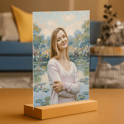 Kobieta nad stawem w stylu Monet - portret na szkle akrylowym dla niej - Emmygift.pl
