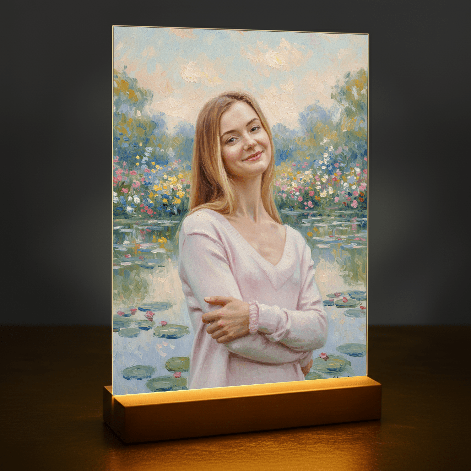 Kobieta nad stawem w stylu Monet - portret na szkle akrylowym dla niej - Emmygift.pl