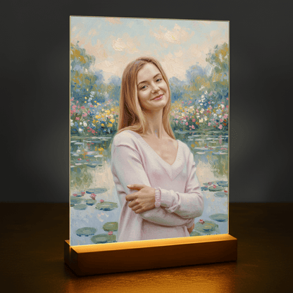 Kobieta nad stawem w stylu Monet - portret na szkle akrylowym dla niej - Emmygift.pl