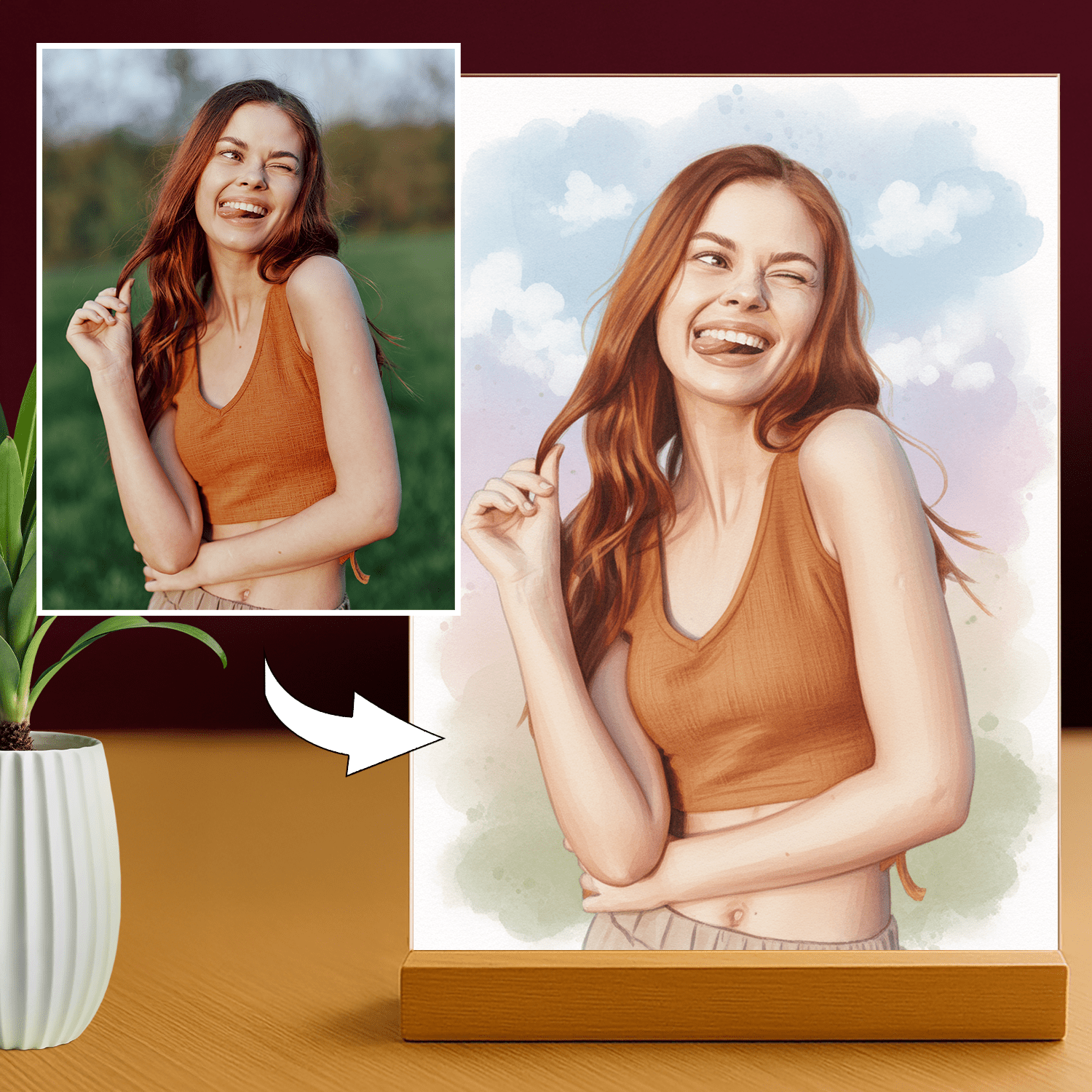 Kobieta w akwarelowym stylu - portret na szkle akrylowym dla niej - Emmygift.pl