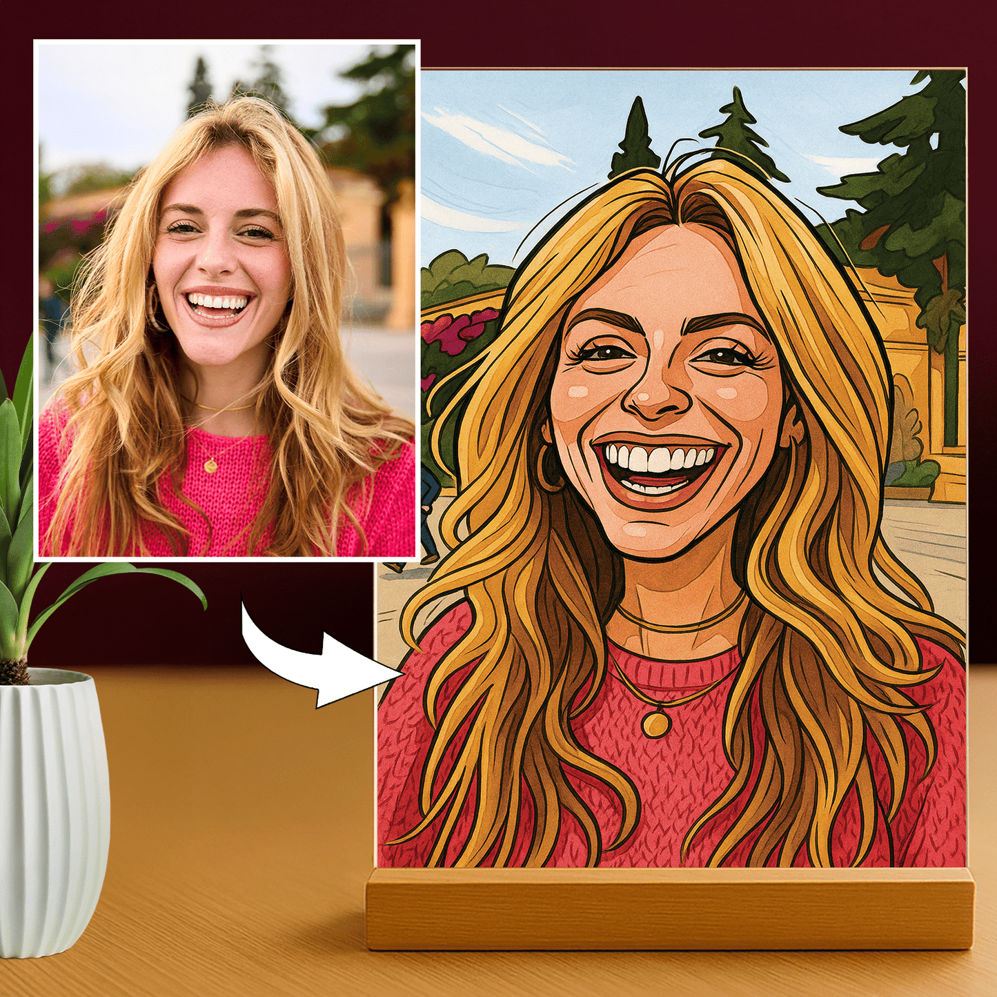 Kobieta w oryginalnym stylu karykatury - portret na szkle akrylowym dla niej - Emmygift.pl