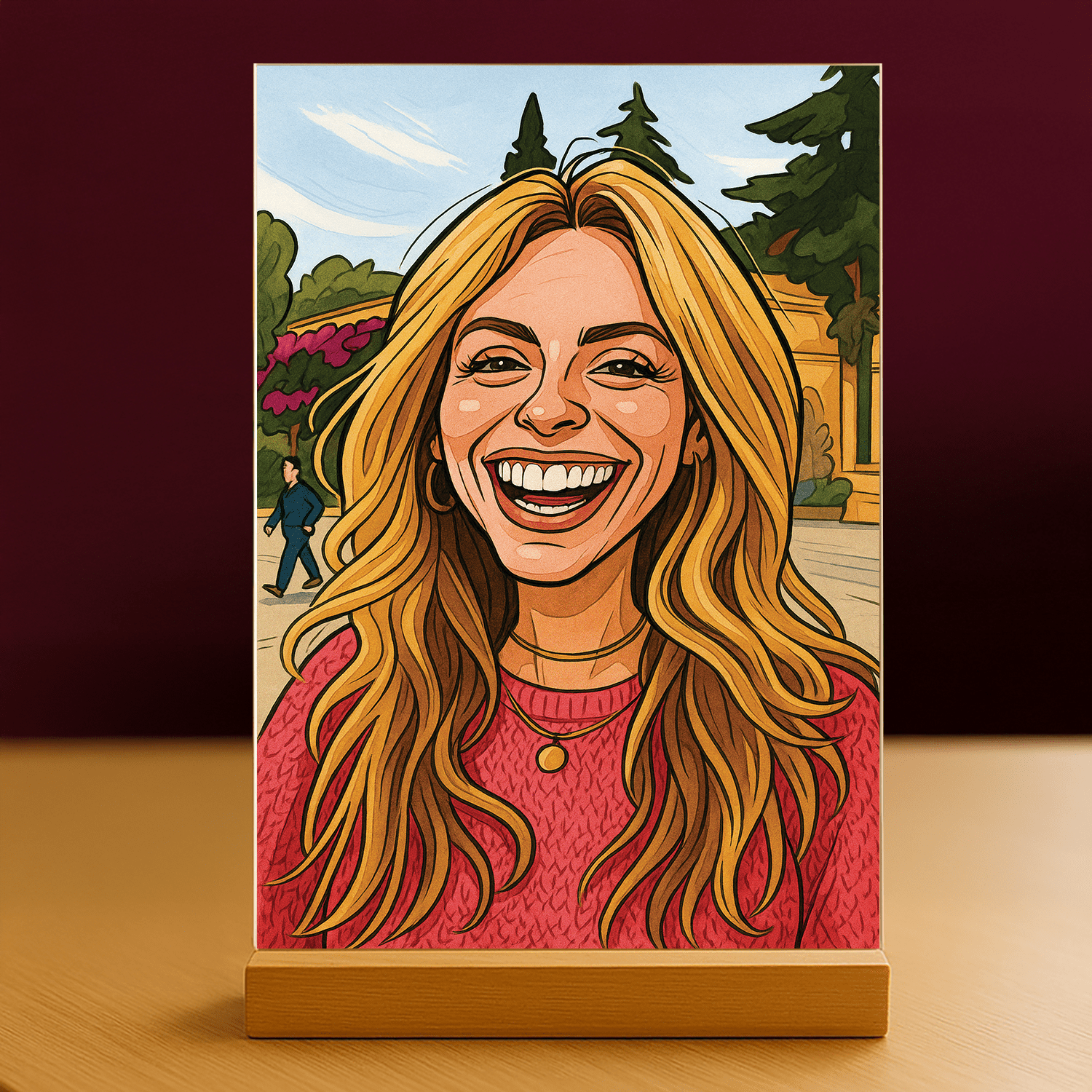 Kobieta w oryginalnym stylu karykatury - portret na szkle akrylowym dla niej - Emmygift.pl