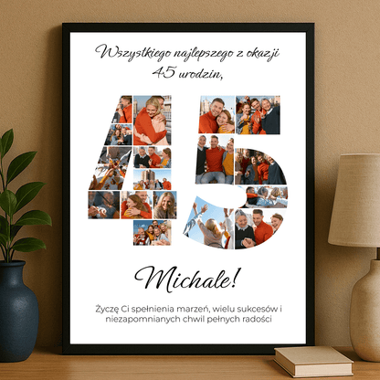 Kolaż z życzeniami na 45 urodziny - personalizowany plakat dla niego - Emmygift.pl