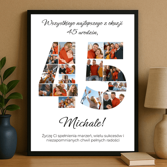 Kolaż z życzeniami na 45 urodziny - personalizowany plakat dla niego - Emmygift.pl