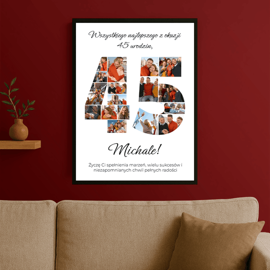 Kolaż z życzeniami na 45 urodziny - personalizowany plakat dla niego - Emmygift.pl
