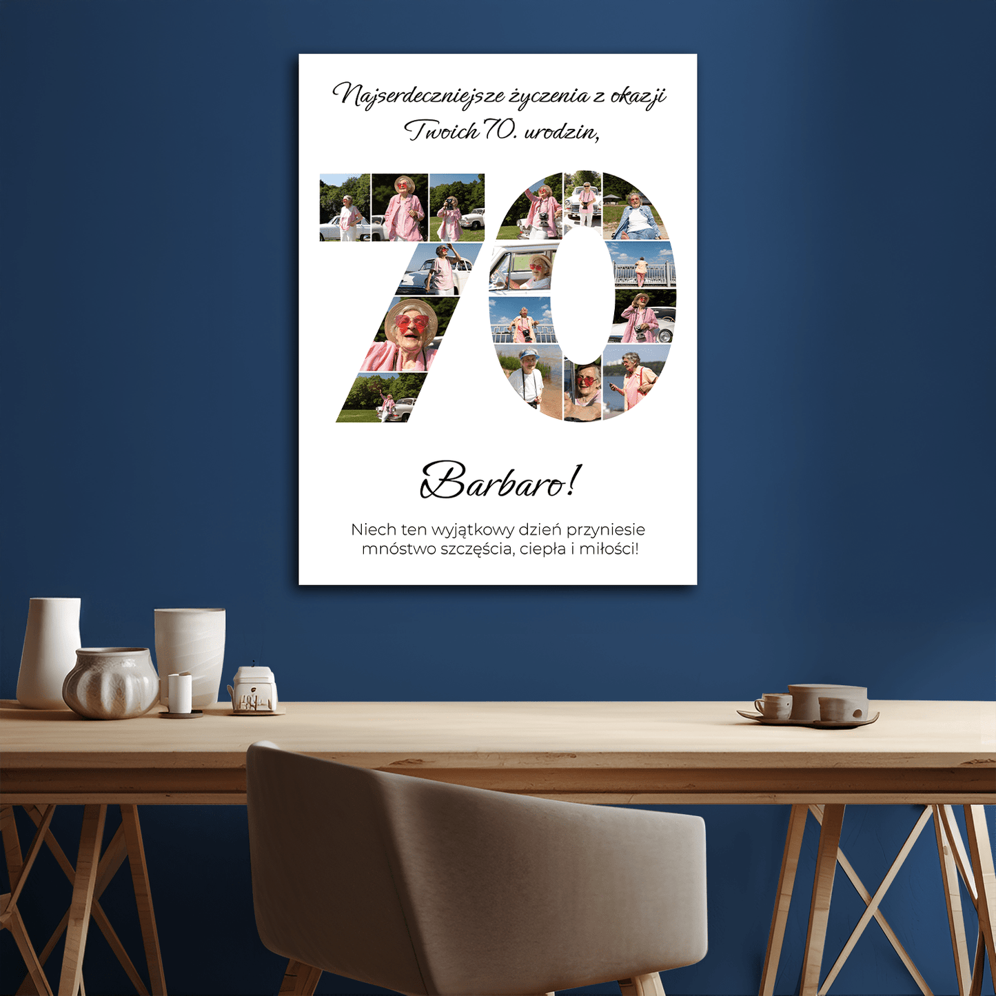 Kolaż zdjęć na 70. - personalizowany druk na płótnie dla babci - Emmygift.pl
