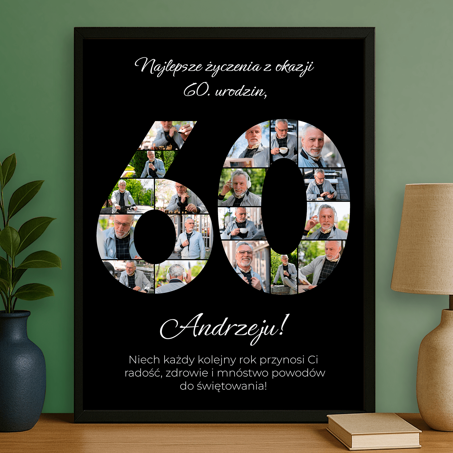 Kolaż zdjęć + życzenia na 60. - personalizowany plakat dla mężczyzny - Emmygift.pl