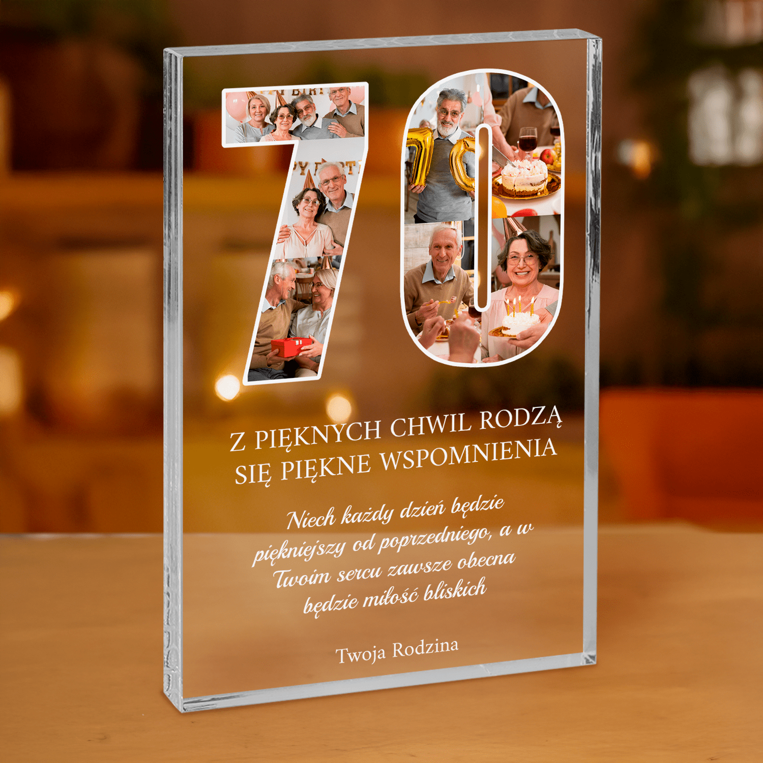 Kolaż zdjęć + życzenia na 70. - personalizowany druk na grubym szkle dla mężczyzny - Emmygift.pl