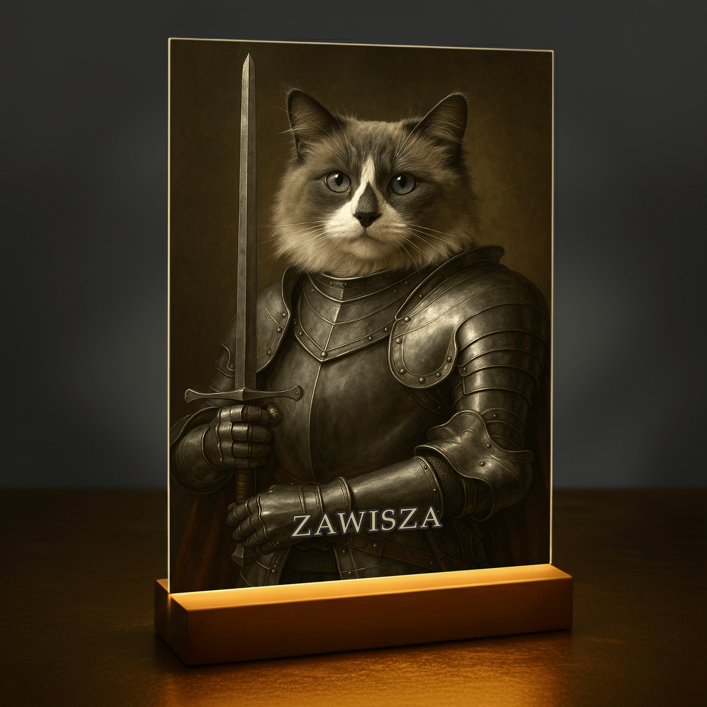 Kot jako dzielny rycerz - portret na szkle akrylowym dla miłośnika kotów - Emmygift.pl