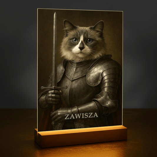 Kot jako dzielny rycerz - portret na szkle akrylowym dla miłośnika kotów - Emmygift.pl