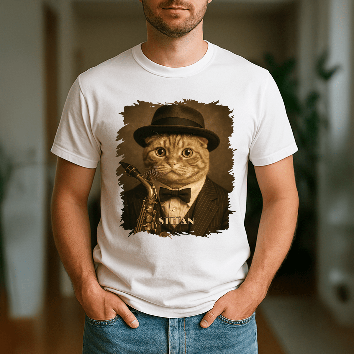 Kot jako muzyk jazzowy - koszulka męska z nadrukiem dla miłośnika kotów - Emmygift.pl