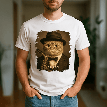 Kot jako muzyk jazzowy - koszulka męska z nadrukiem dla miłośnika kotów - Emmygift.pl