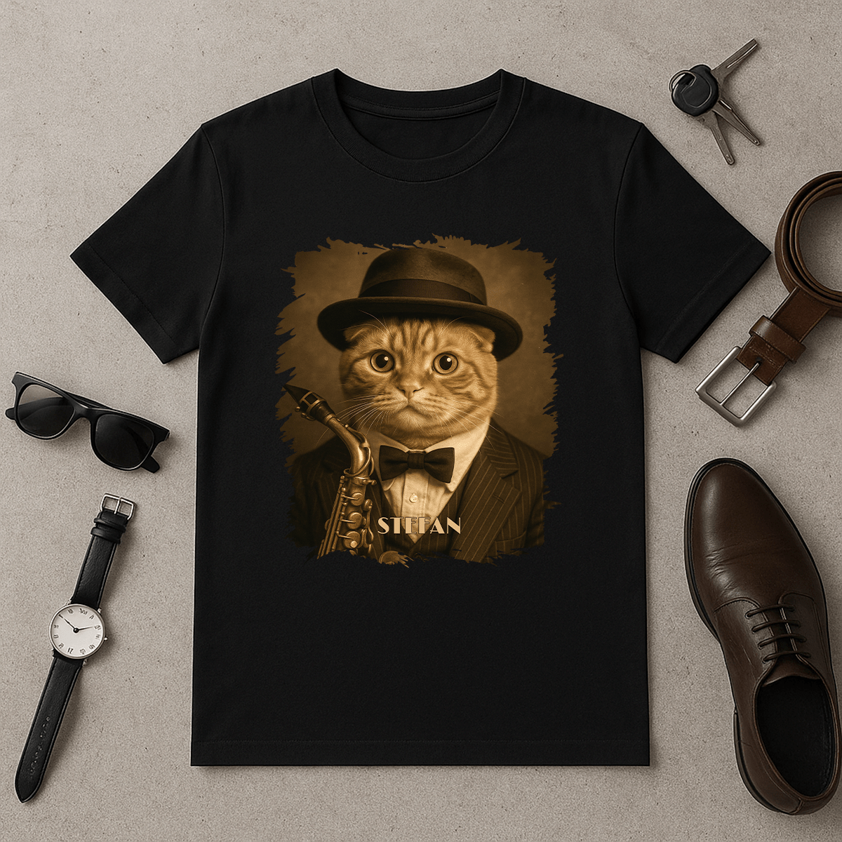 Kot jako muzyk jazzowy - koszulka męska z nadrukiem dla miłośnika kotów - Emmygift.pl