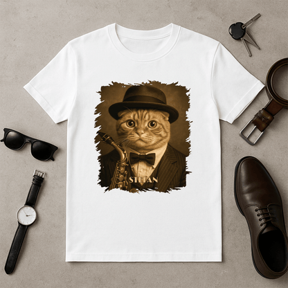 Kot jako muzyk jazzowy - koszulka męska z nadrukiem dla miłośnika kotów - Emmygift.pl