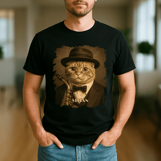 Kot jako muzyk jazzowy - koszulka męska z nadrukiem dla miłośnika kotów - Emmygift.pl