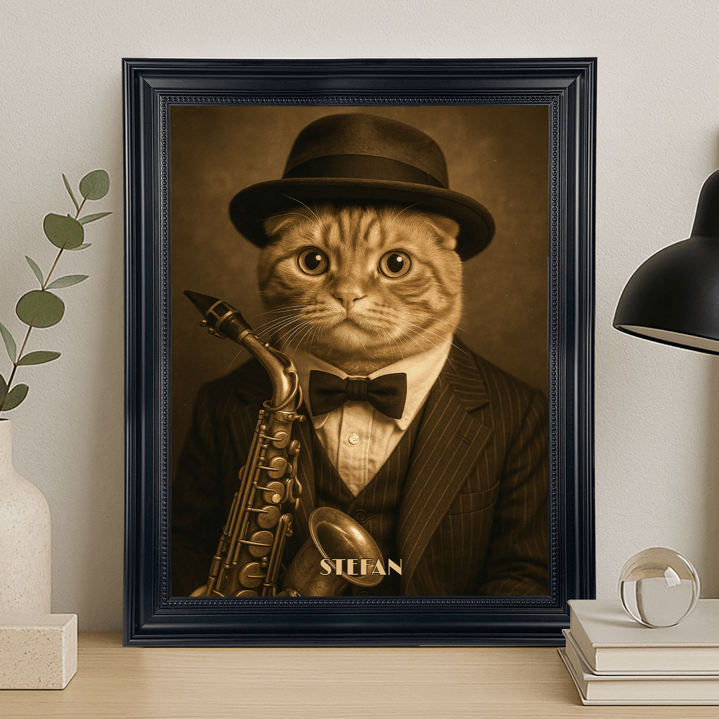 Kot jako muzyk w kapeluszu - portret na płótnie dla miłośnika kotów - Emmygift.pl