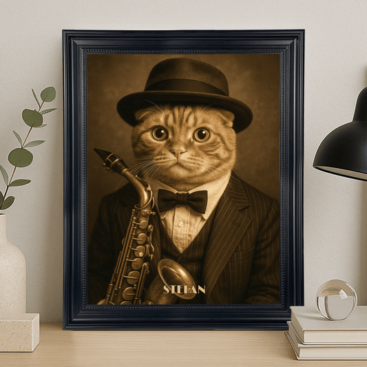 Kot jako muzyk w kapeluszu - portret na płótnie dla miłośnika kotów - Emmygift.pl