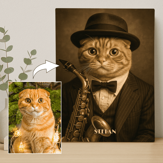 Kot jako muzyk w kapeluszu - portret na płótnie dla miłośnika kotów - Emmygift.pl