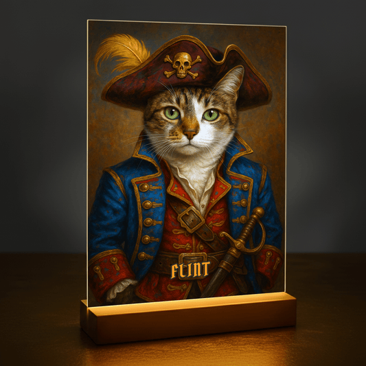Kot w roli pirata – portret na szkle akrylowym dla miłośnika kotów - Emmygift.pl
