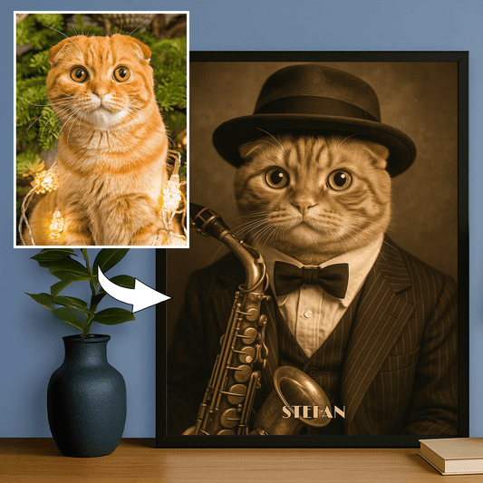 Kot w stylu jazzowym - portret na plakacie dla miłośnika kotów - Emmygift.pl