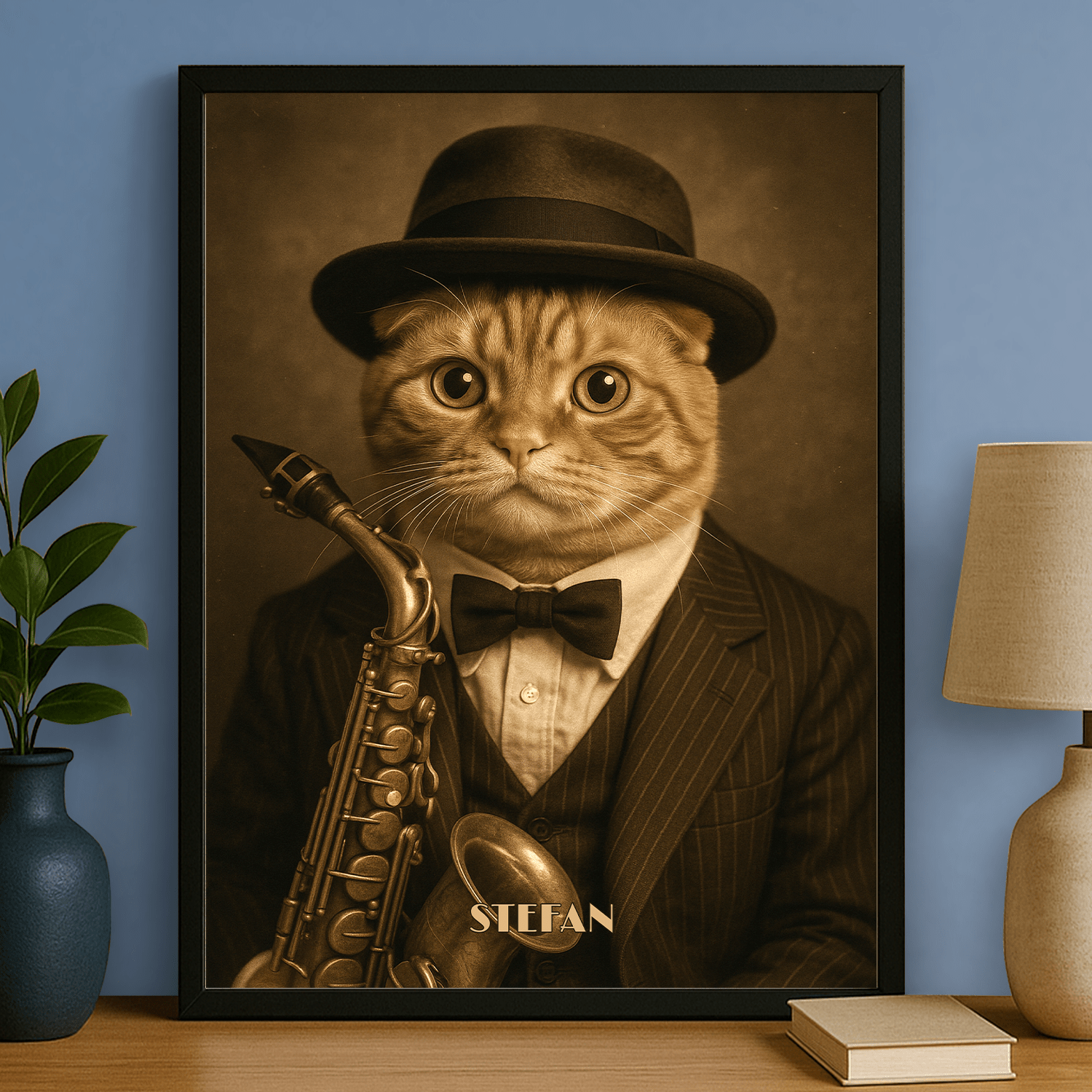 Kot w stylu jazzowym - portret na plakacie dla miłośnika kotów - Emmygift.pl